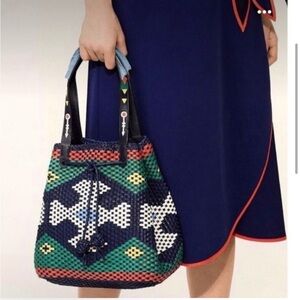 Tory Burch Aztec design leather bag navy sea woven tassle tote